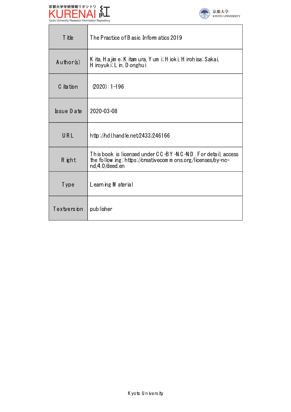 Title the Practice of Basic Informatics 2019 Author(S) Kita, Hajime