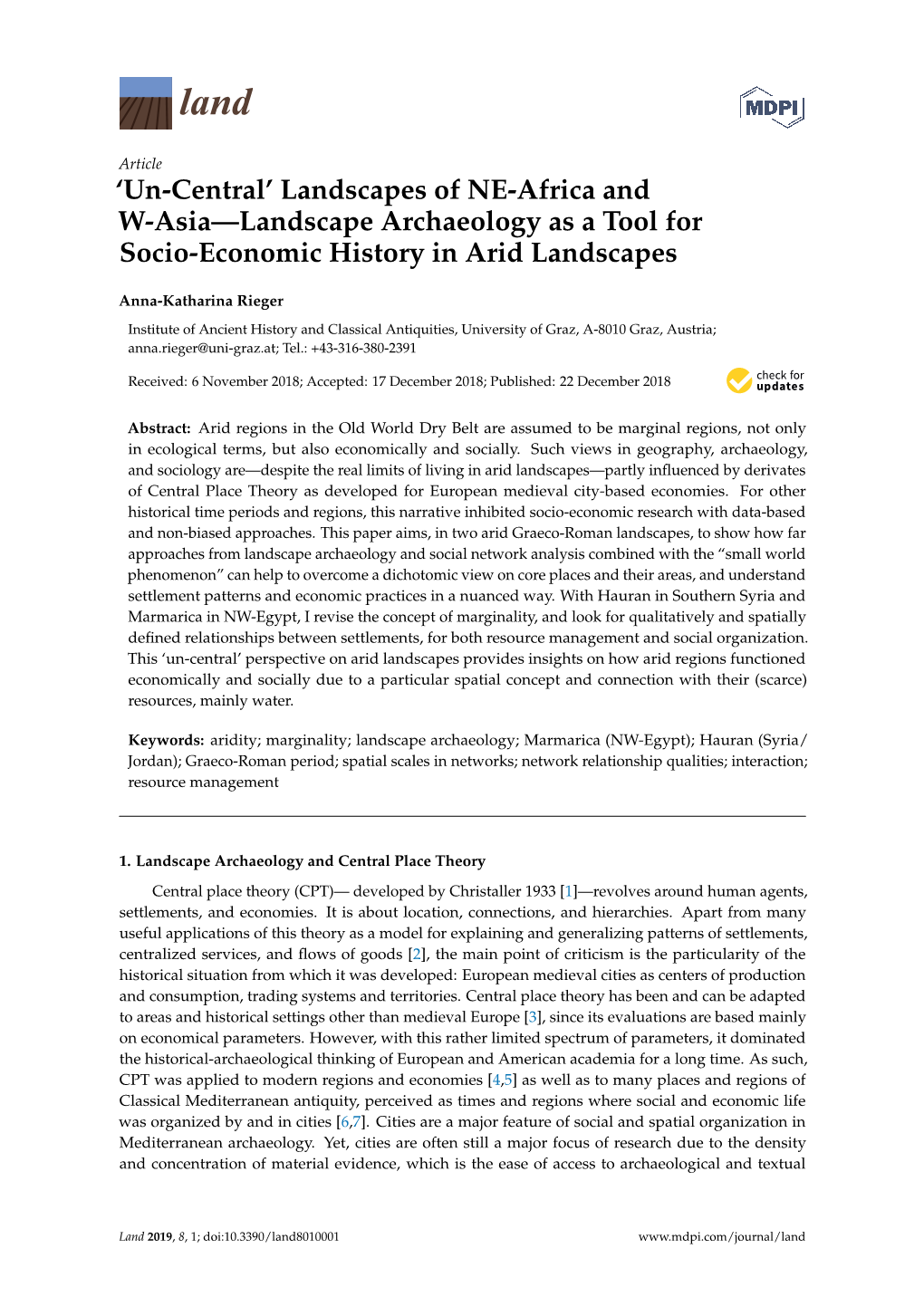 Landscapes of NE-Africa and W-Asia—Landscape Archaeology As a Tool for Socio-Economic History in Arid Landscapes