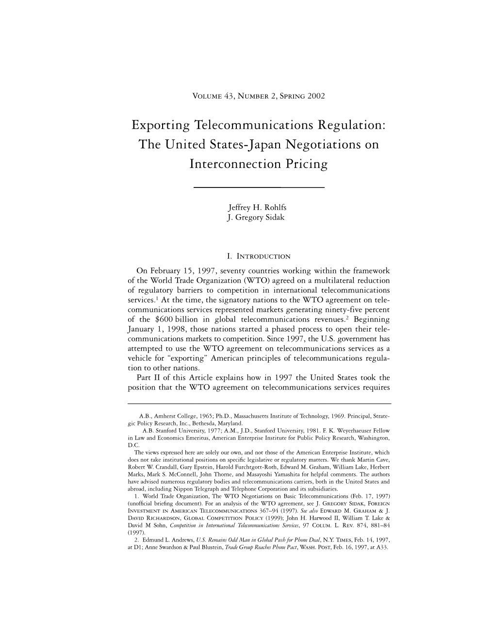 The United States-Japan Negotiations on Interconnection Pricing