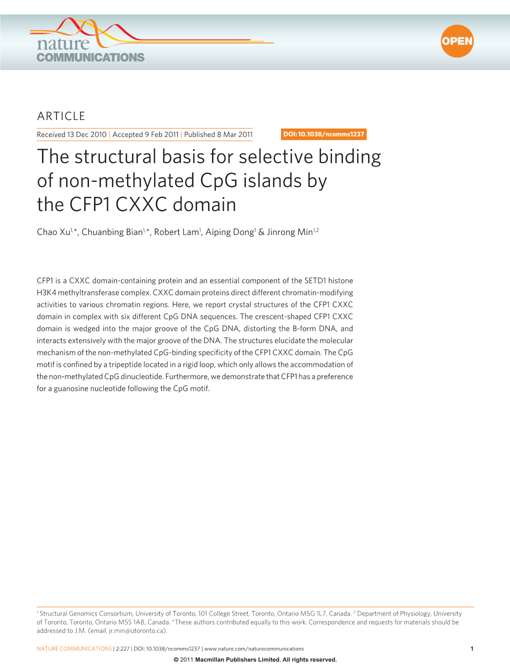 The Structural Basis for Selective Binding of Non-Methylated Cpg Islands by the CFP1 CXXC Domain