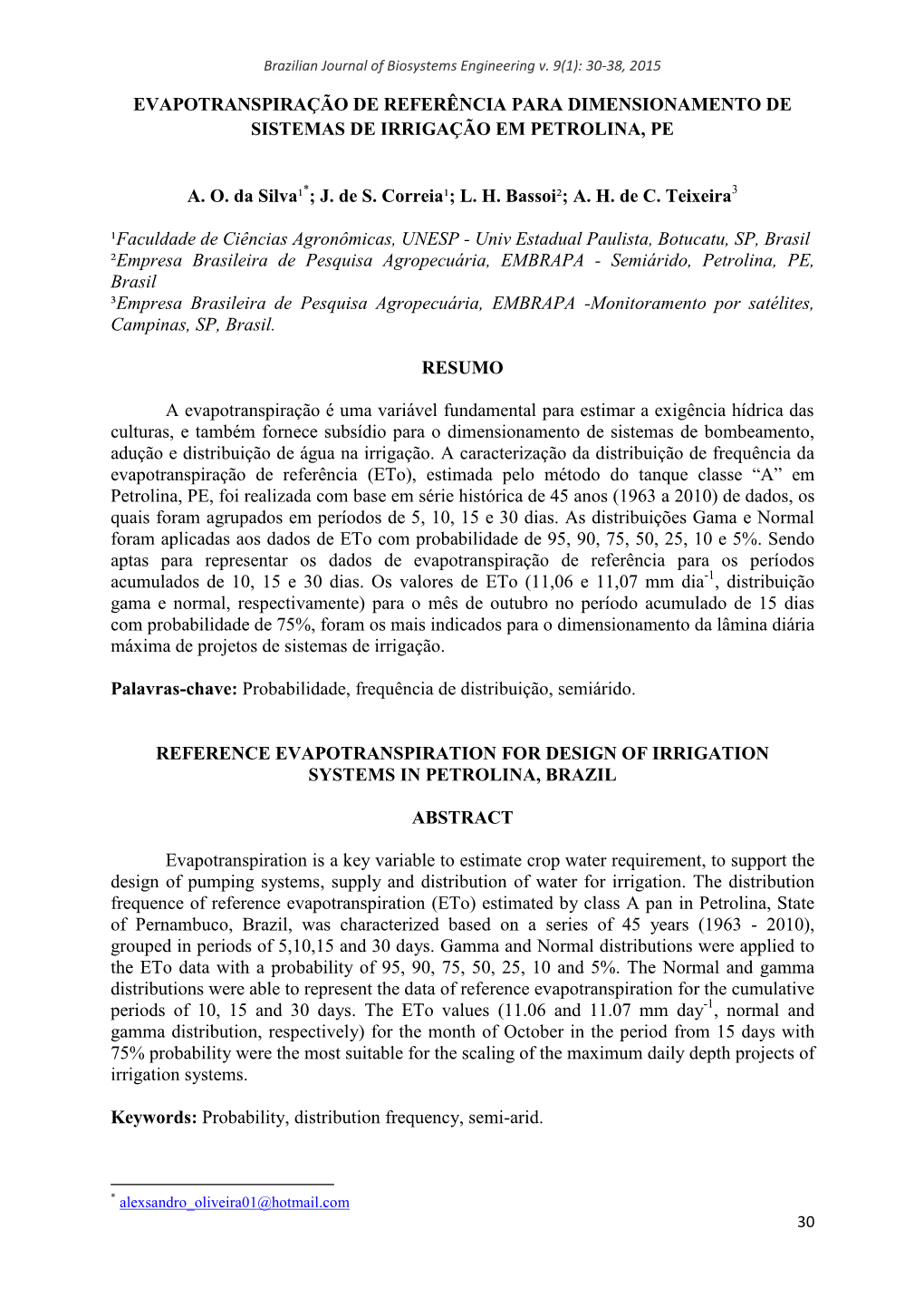 Evapotranspiração De Referência Para Dimensionamento De Sistemas De Irrigação Em Petrolina, Pe