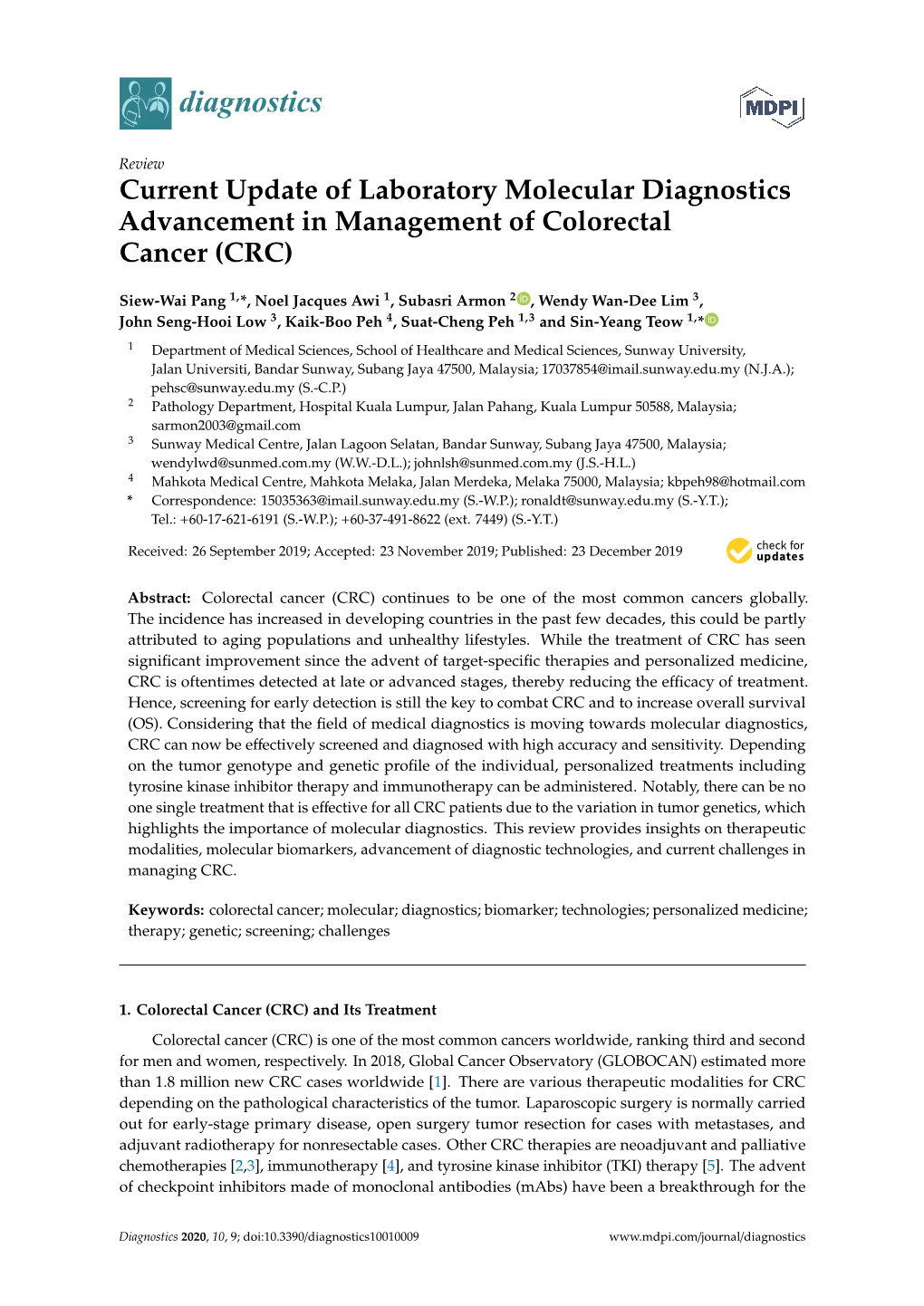 Current Update of Laboratory Molecular Diagnostics Advancement in Management of Colorectal Cancer (CRC)