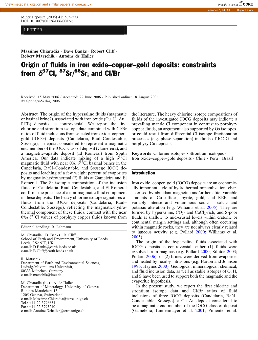 Origin of Fluids in Iron Oxide–Copper–Gold Deposits: Constraints 37 87 86 from Δ Cl, Sr/ Sri and Cl/Br