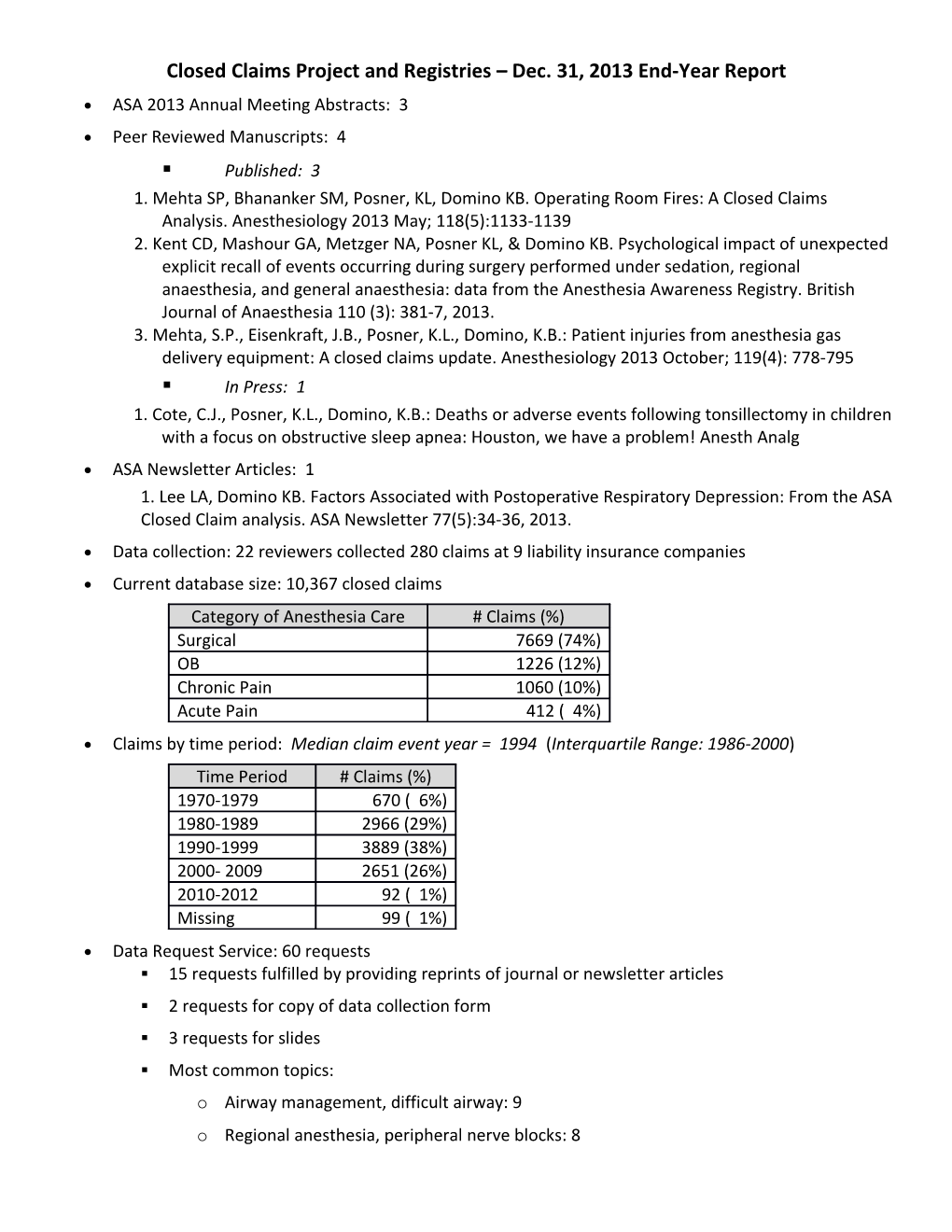 Closed Claims Project and Registries Dec. 31, 2013 End-Year Report