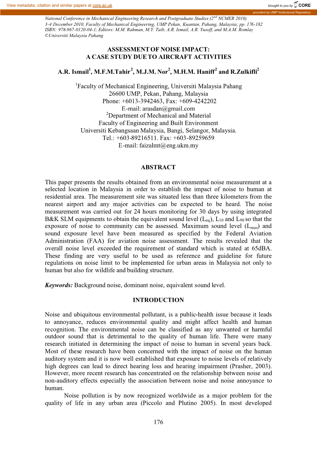 176 Assessment of Noise Impact: a Case Study