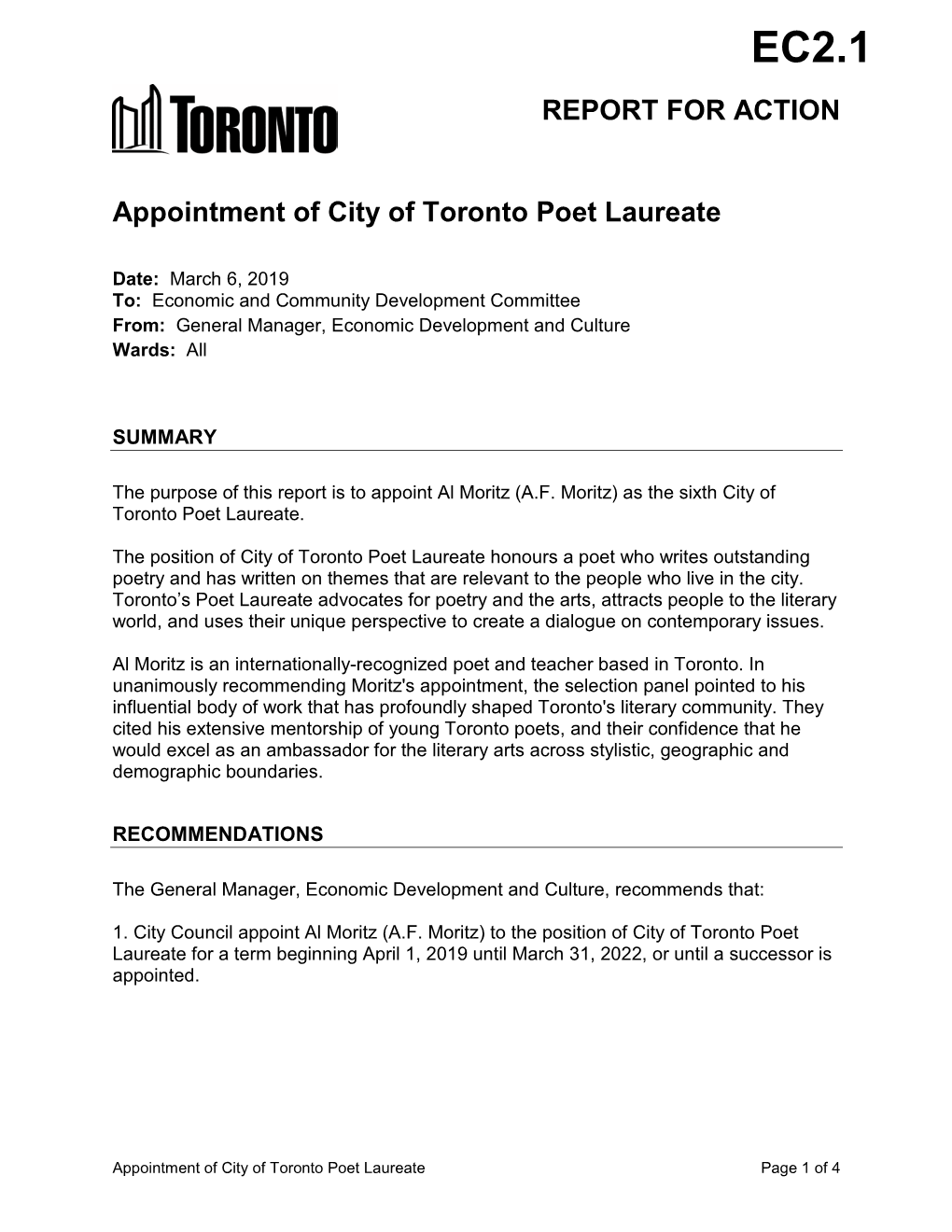 Appointment of City of Toronto Poet Laureate
