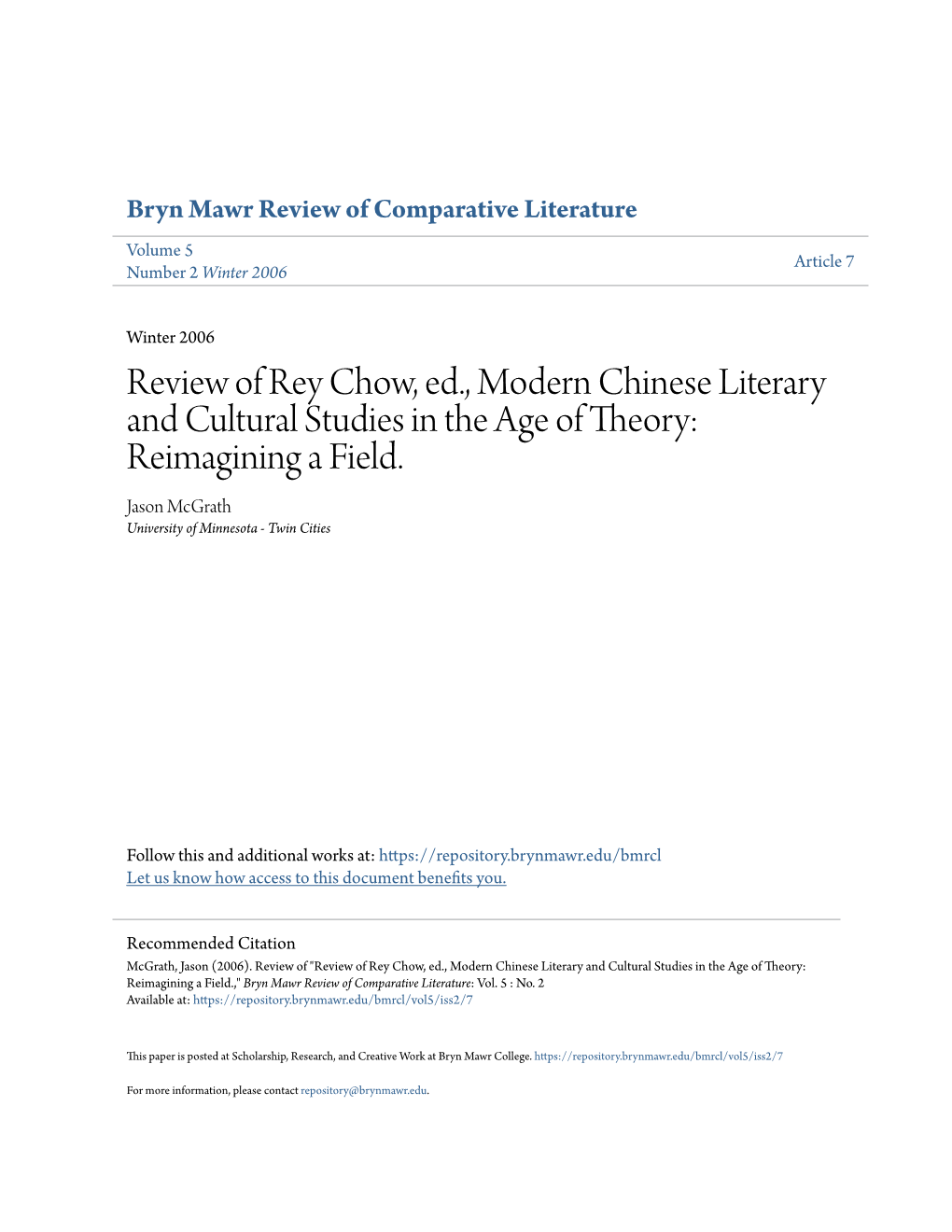 Review of Rey Chow, Ed., Modern Chinese Literary and Cultural Studies in the Age of Theory: Reimagining a Field