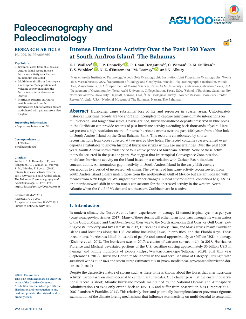 Intense Hurricane Activity Over the Past 1500 Years at South Andros