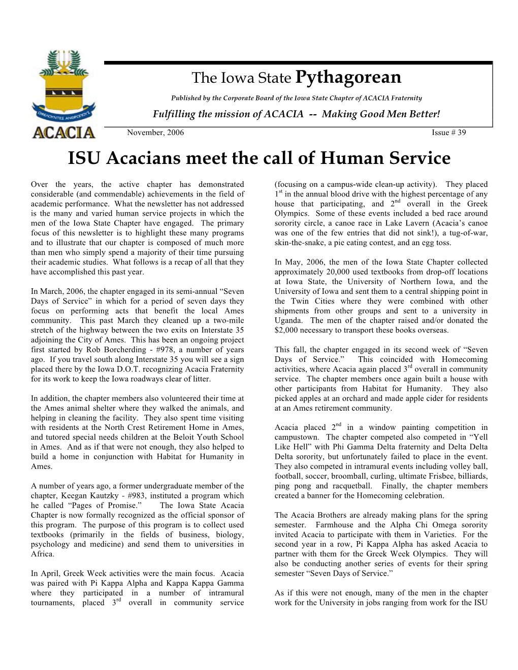 ISU Acacians Meet the Call of Human Service