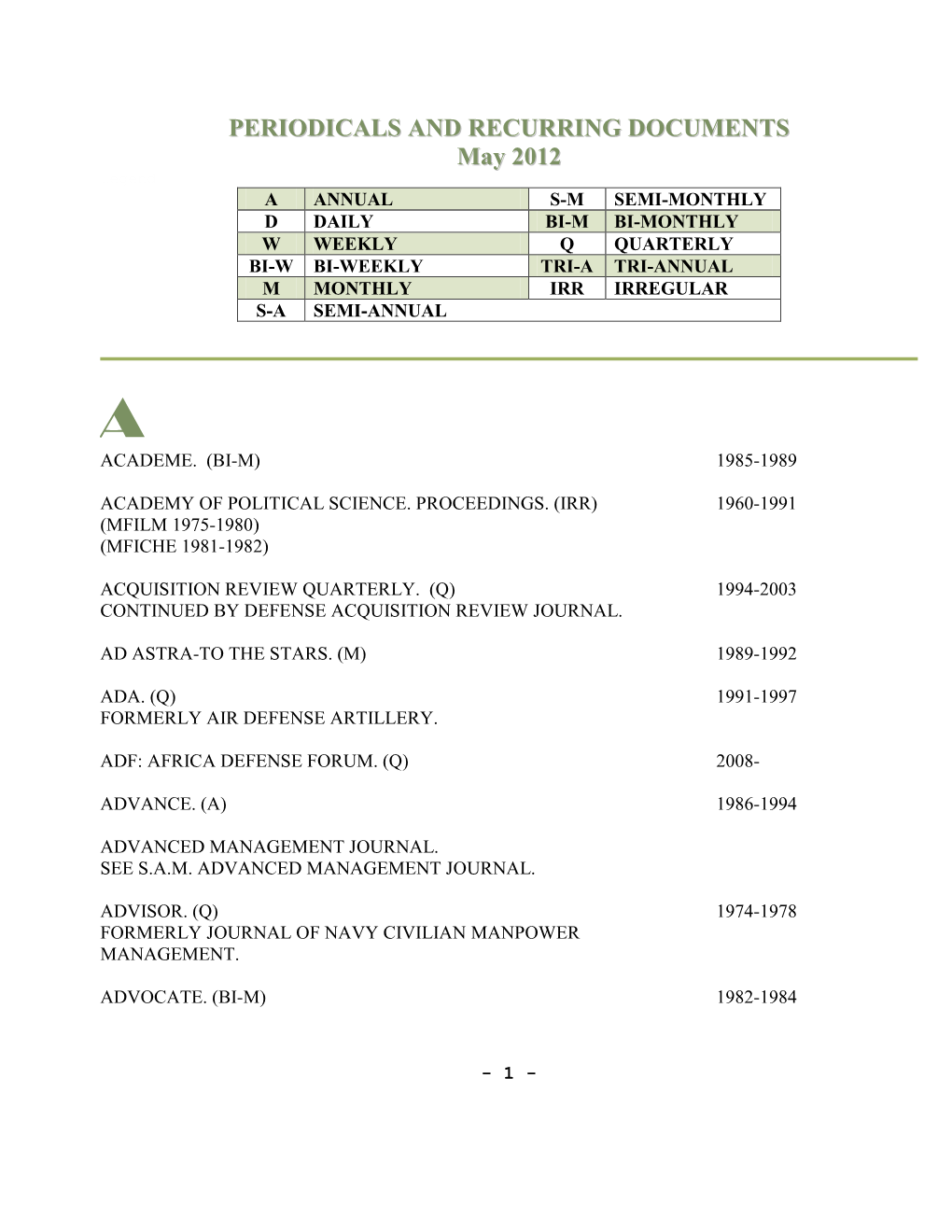 Periodicals and Recurring Documents