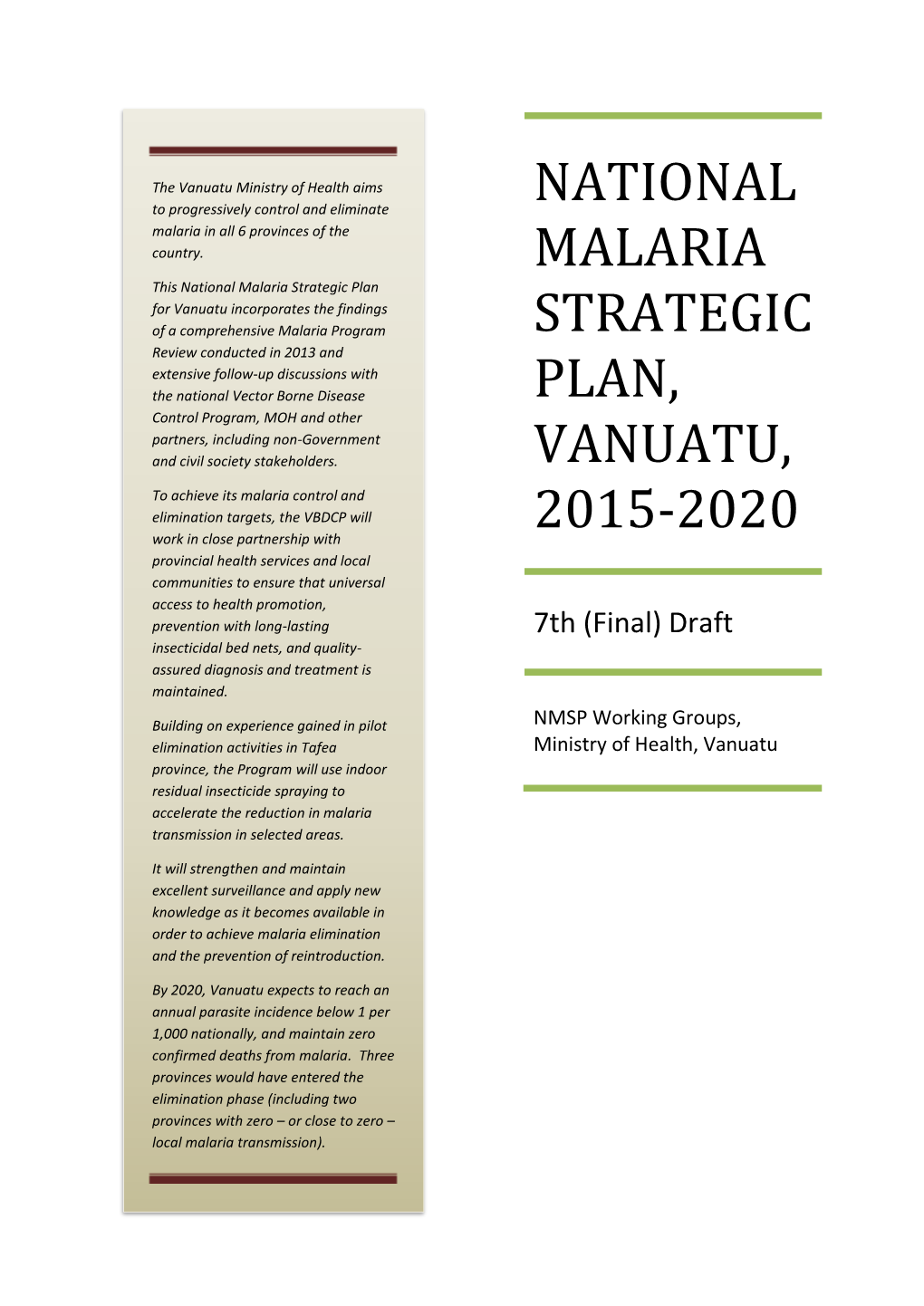 National Malaria Strategic Plan, Vanuatu, 2015-2020