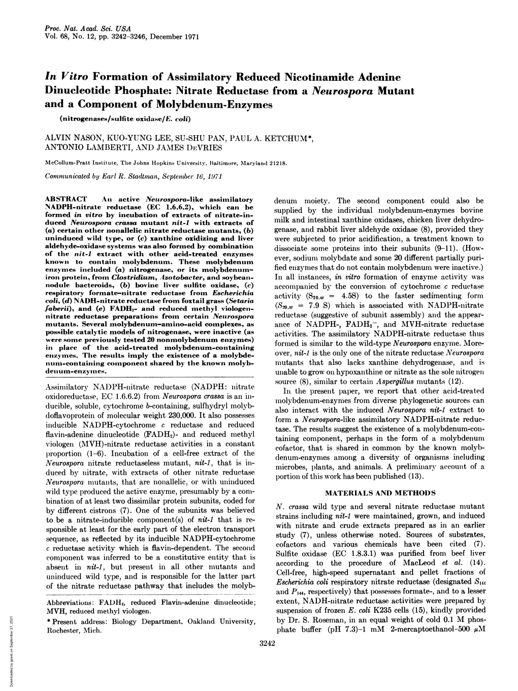 Nitrate Reductase from a Neurospora Mutant and a Component of Molybdenum-Enzymes (Nitrogenases/Sulfite Oxidase/E