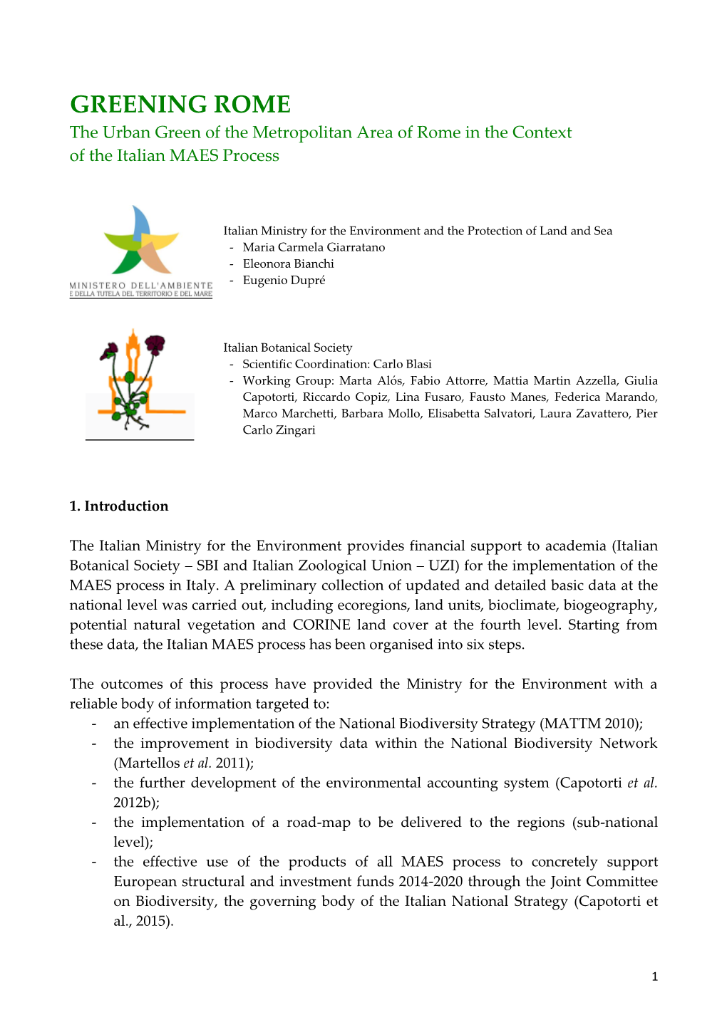 GREENING ROME the Urban Green of the Metropolitan Area of Rome in the Context of the Italian MAES Process