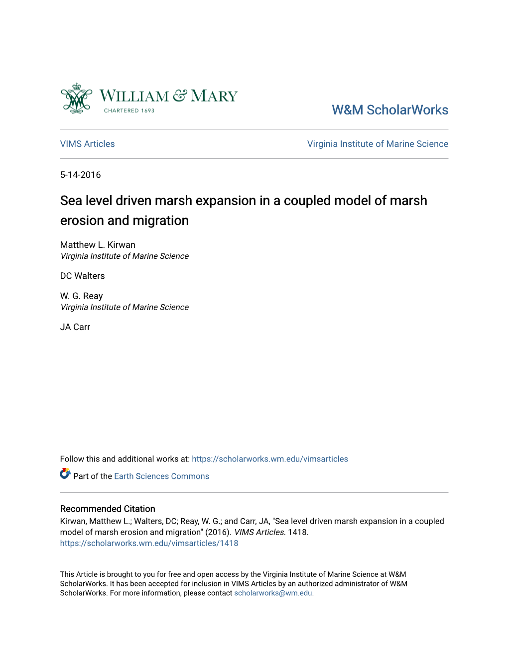 Sea Level Driven Marsh Expansion in a Coupled Model of Marsh Erosion and Migration