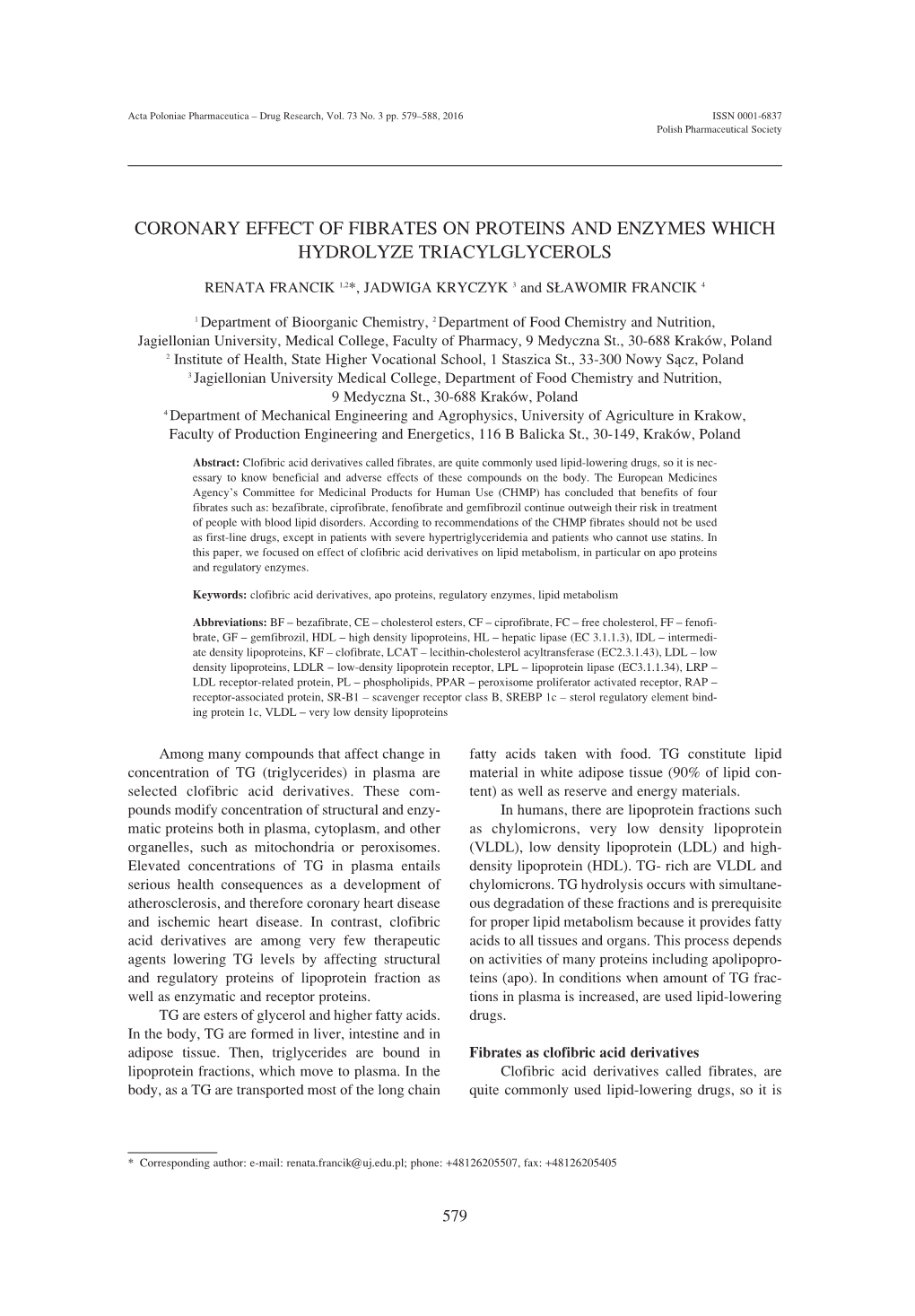 Coronary Effect of Fibrates on Proteins and Enzymes Which Hydrolyze Triacylglycerols