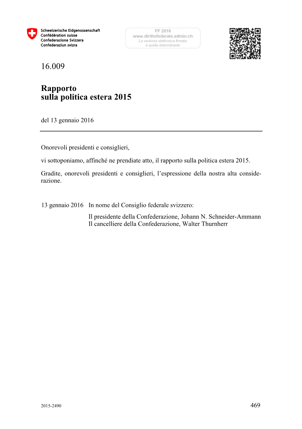 Rapporto Sulla Politica Estera 2015 Del 13 Gennaio 2016