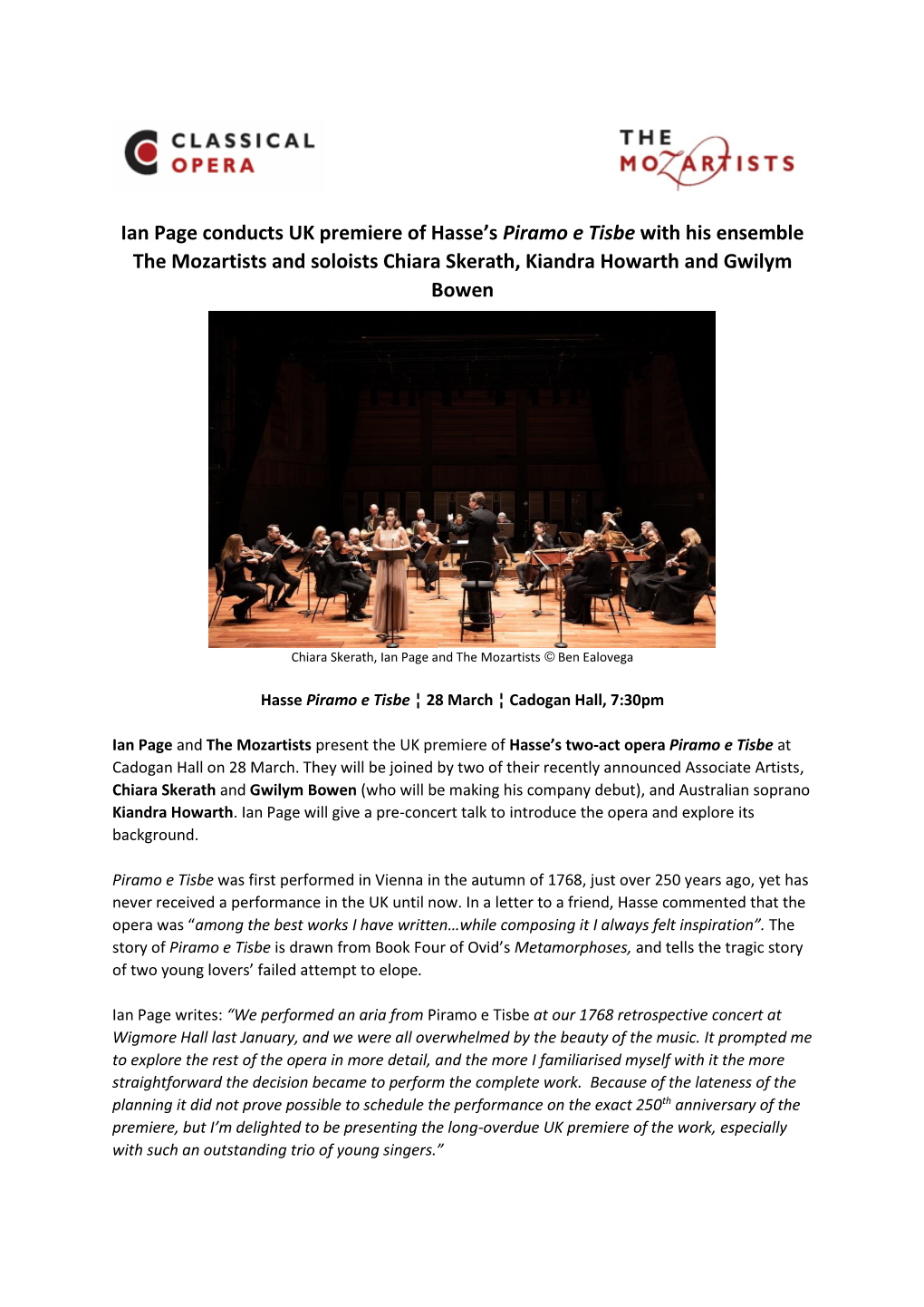 Ian Page Conducts UK Premiere of Hasse's Piramo E Tisbe with His