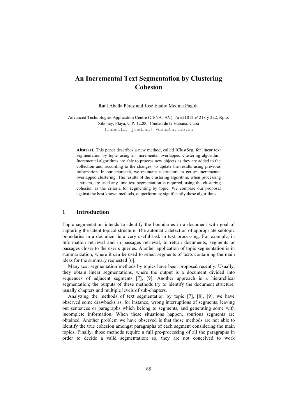 An Incremental Text Segmentation by Clustering Cohesion