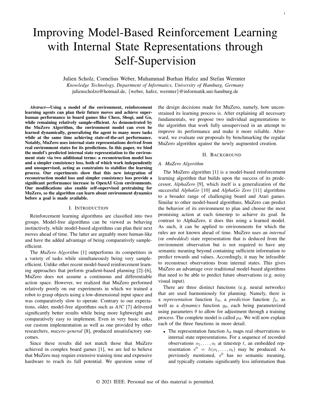 Improving Model-Based Reinforcement Learning with Internal State Representations Through Self-Supervision