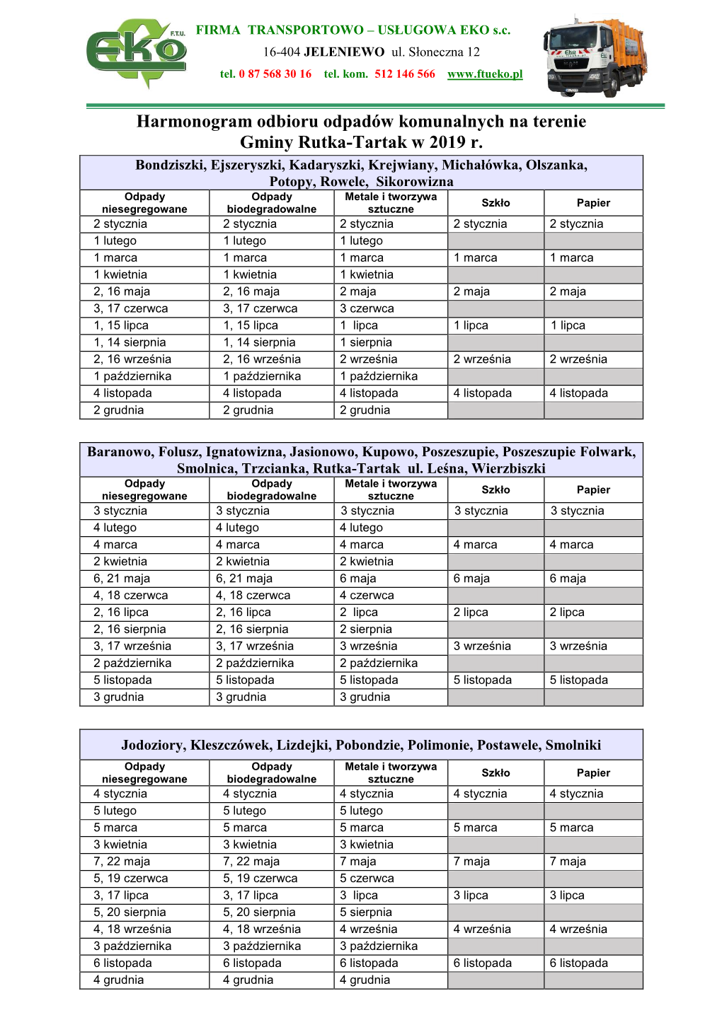 Harmonogram Odbioru Odpadów Komunalnych Na Terenie Gminy Rutka-Tartak W 2019 R