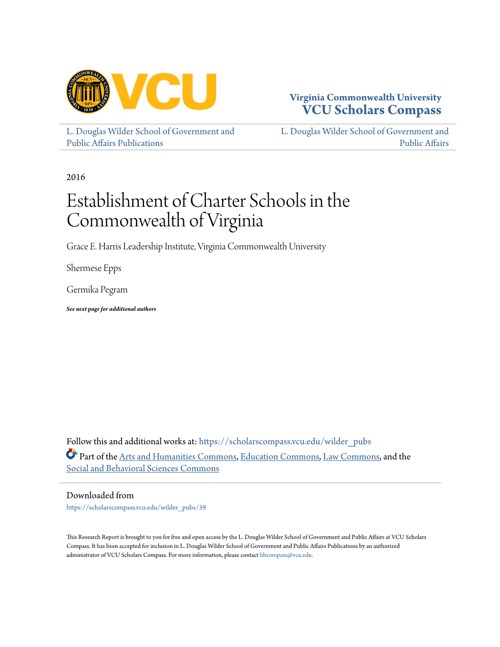 Establishment of Charter Schools in the Commonwealth of Virginia Grace E