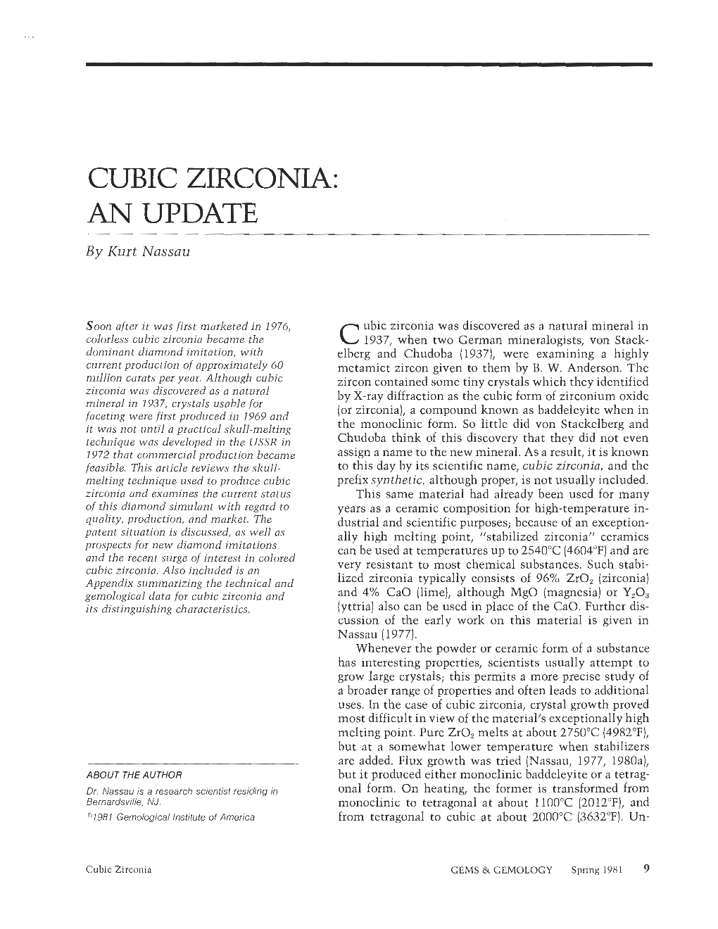 CUBIC ZIRCONIA: an UPDATE by Kurt Nassau