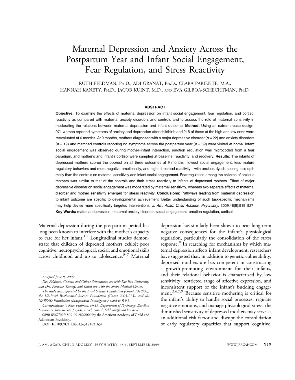 Maternal Depression and Anxiety Across the Postpartum Year and Infant Social Engagement, Fear Regulation, and Stress Reactivity