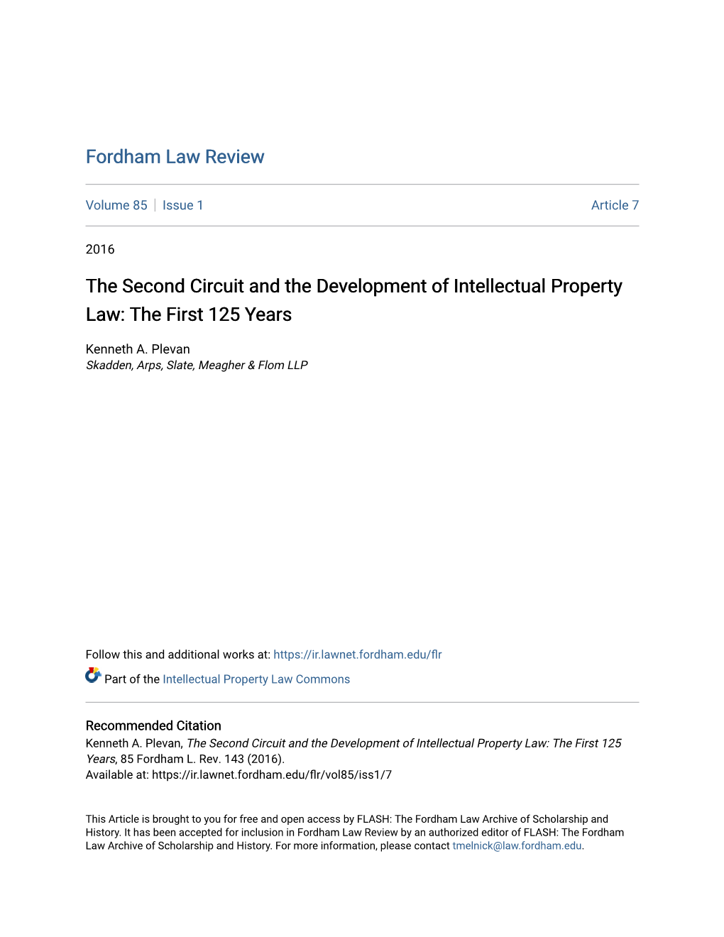 The Second Circuit and the Development of Intellectual Property Law: the First 125 Years