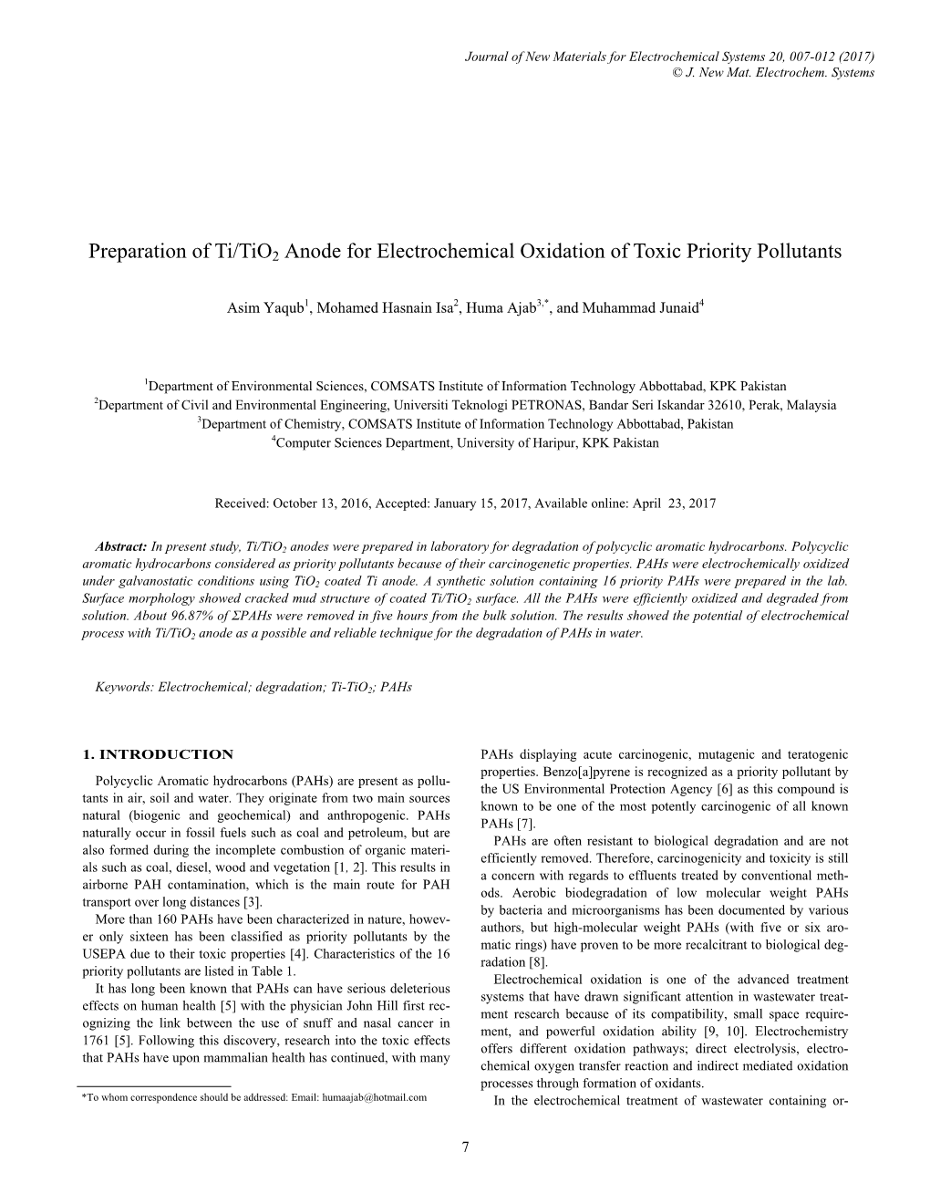 Preparation of Ti/Tio2 Anode for Electrochemical Oxidation of Toxic Priority Pollutants