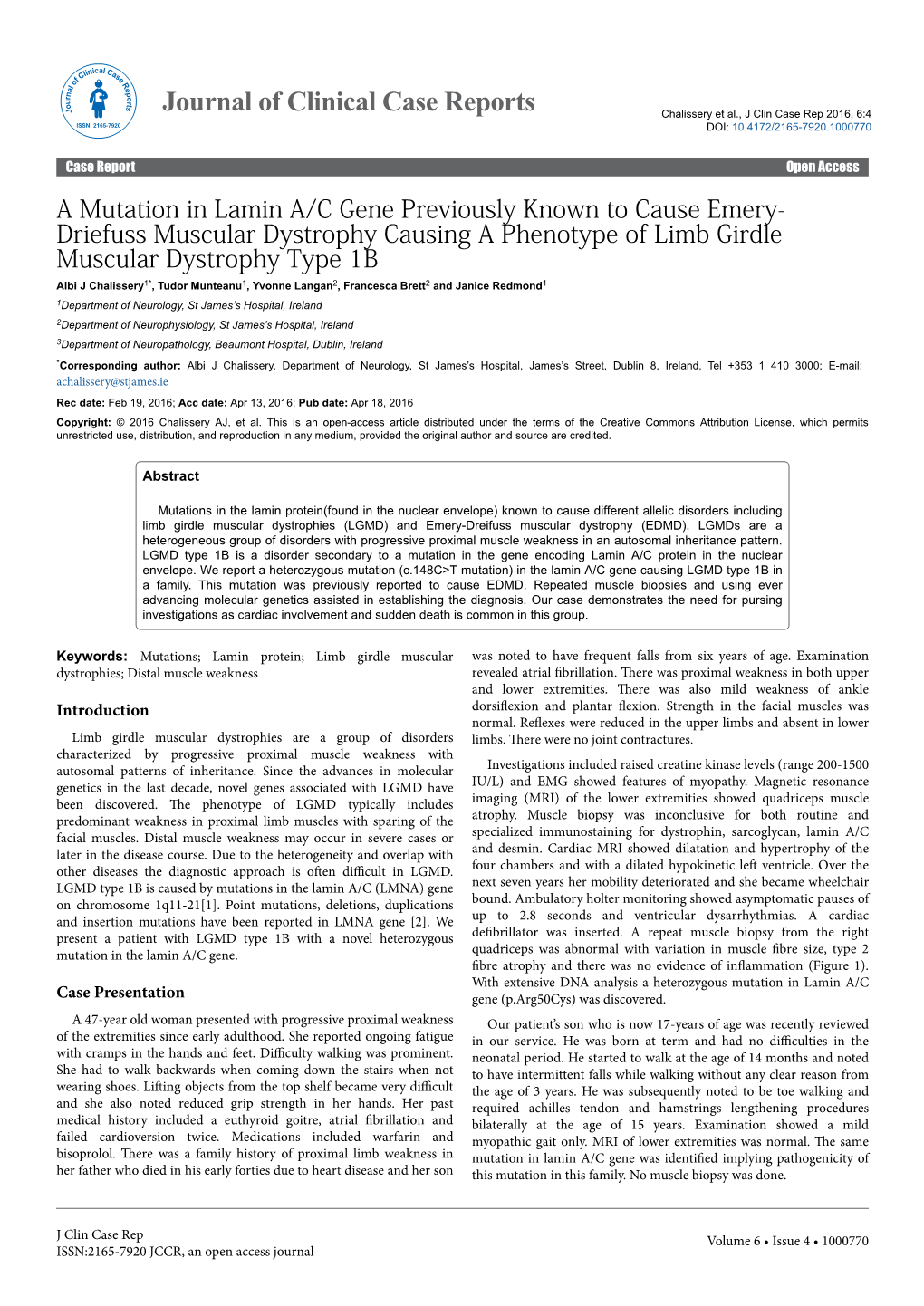 A Mutation in Lamin A/C Gene Previously Known to Cause Emery