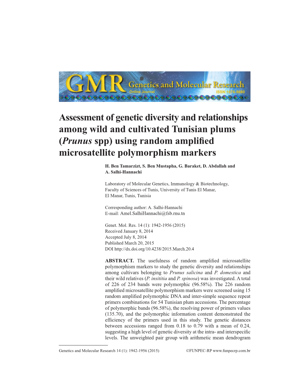 (Prunus Spp) Using Random Amplified Microsatellite Polymorphism Markers