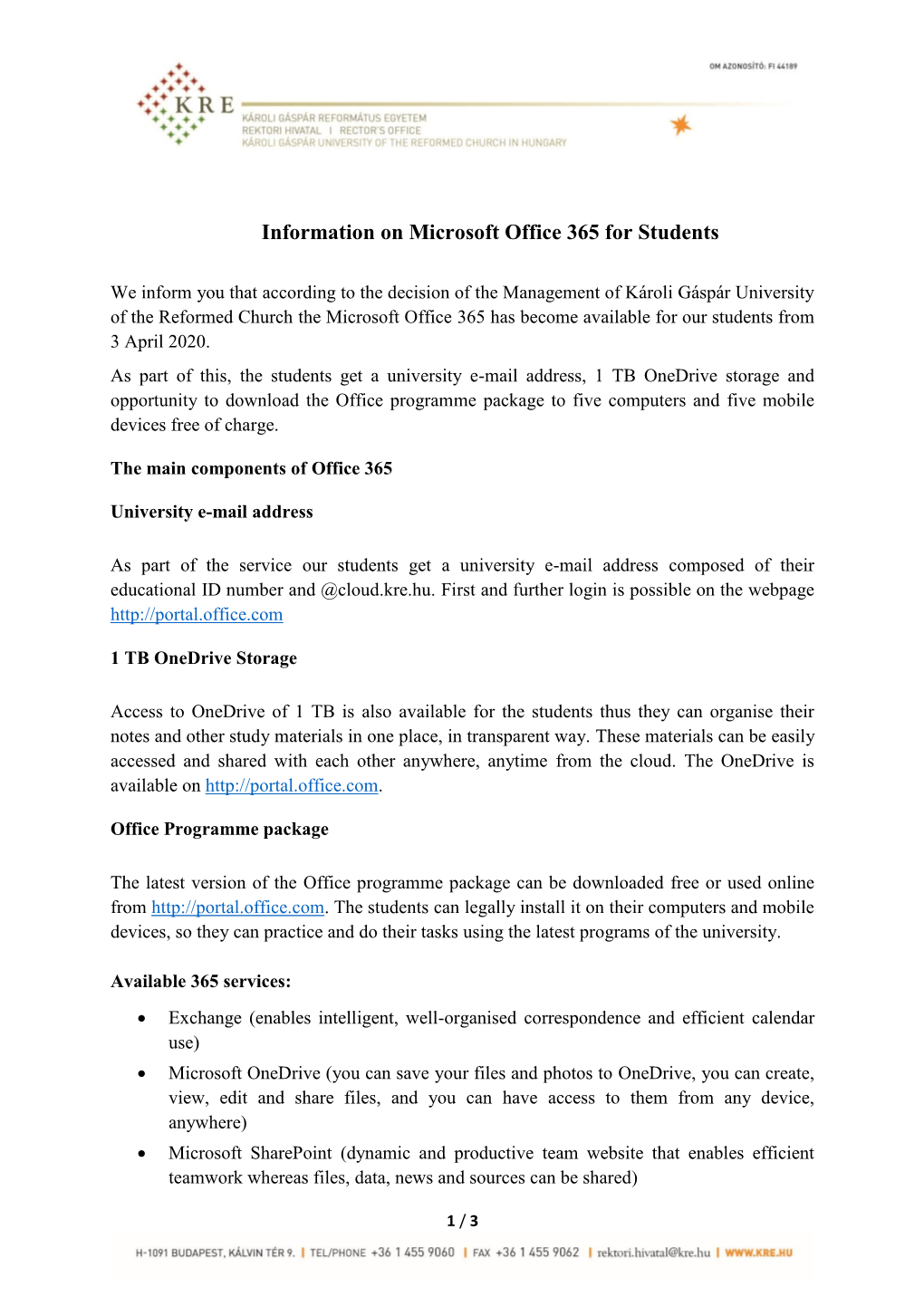 Information on Microsoft Office 365 for Students