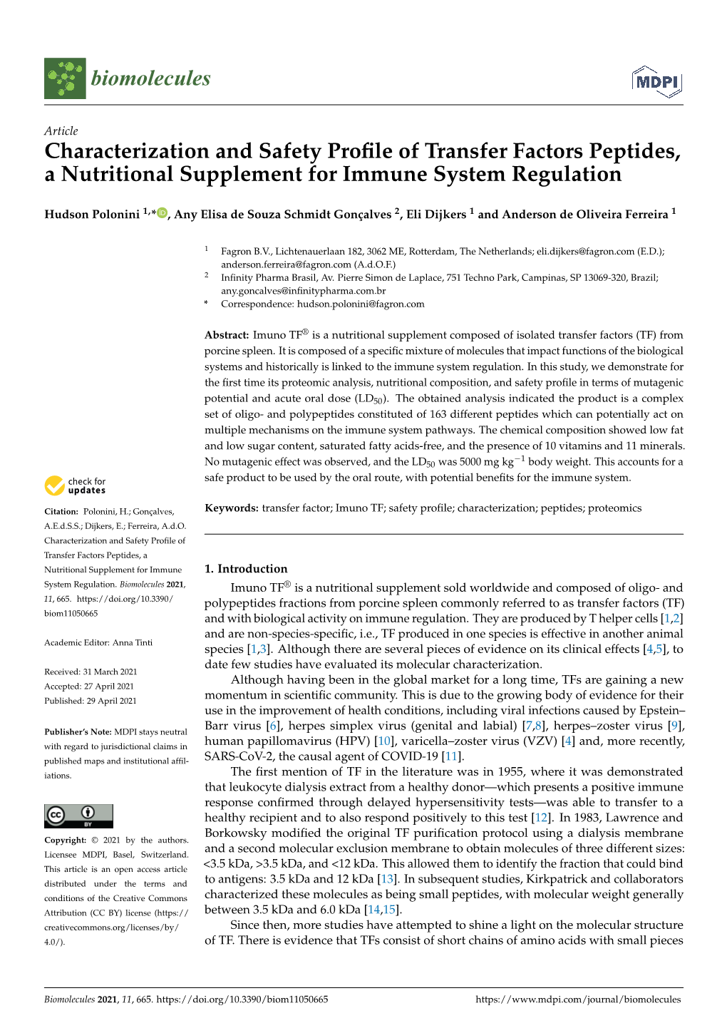 Characterization and Safety Profile of Transfer Factors Peptides, A