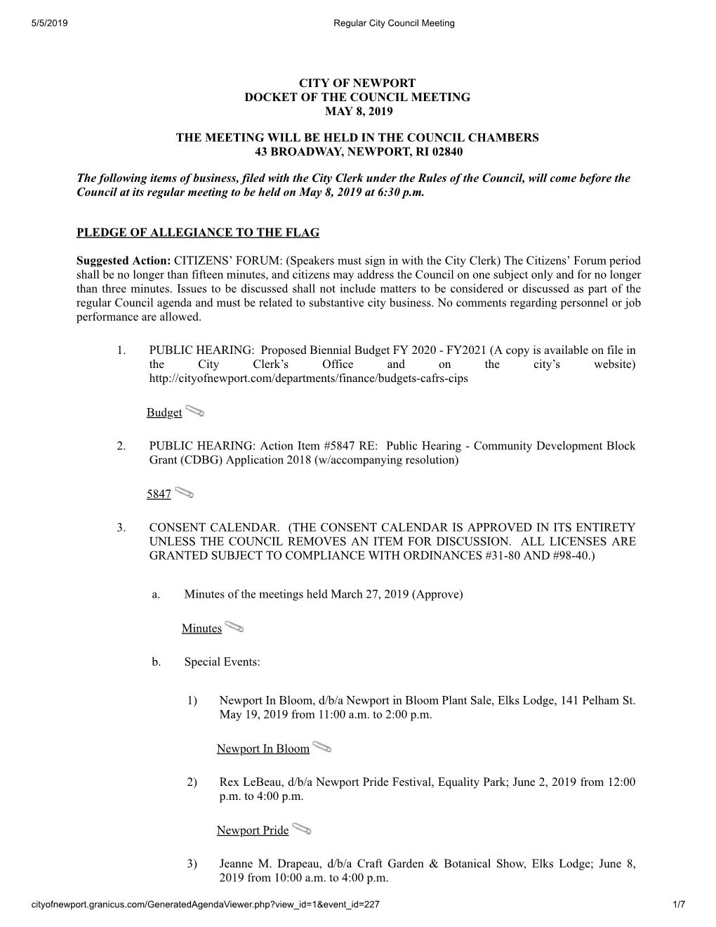 City of Newport Docket of the Council Meeting May 8, 2019 the Meeting Will Be Held in the Council Chambers 43 Broadway, Newport