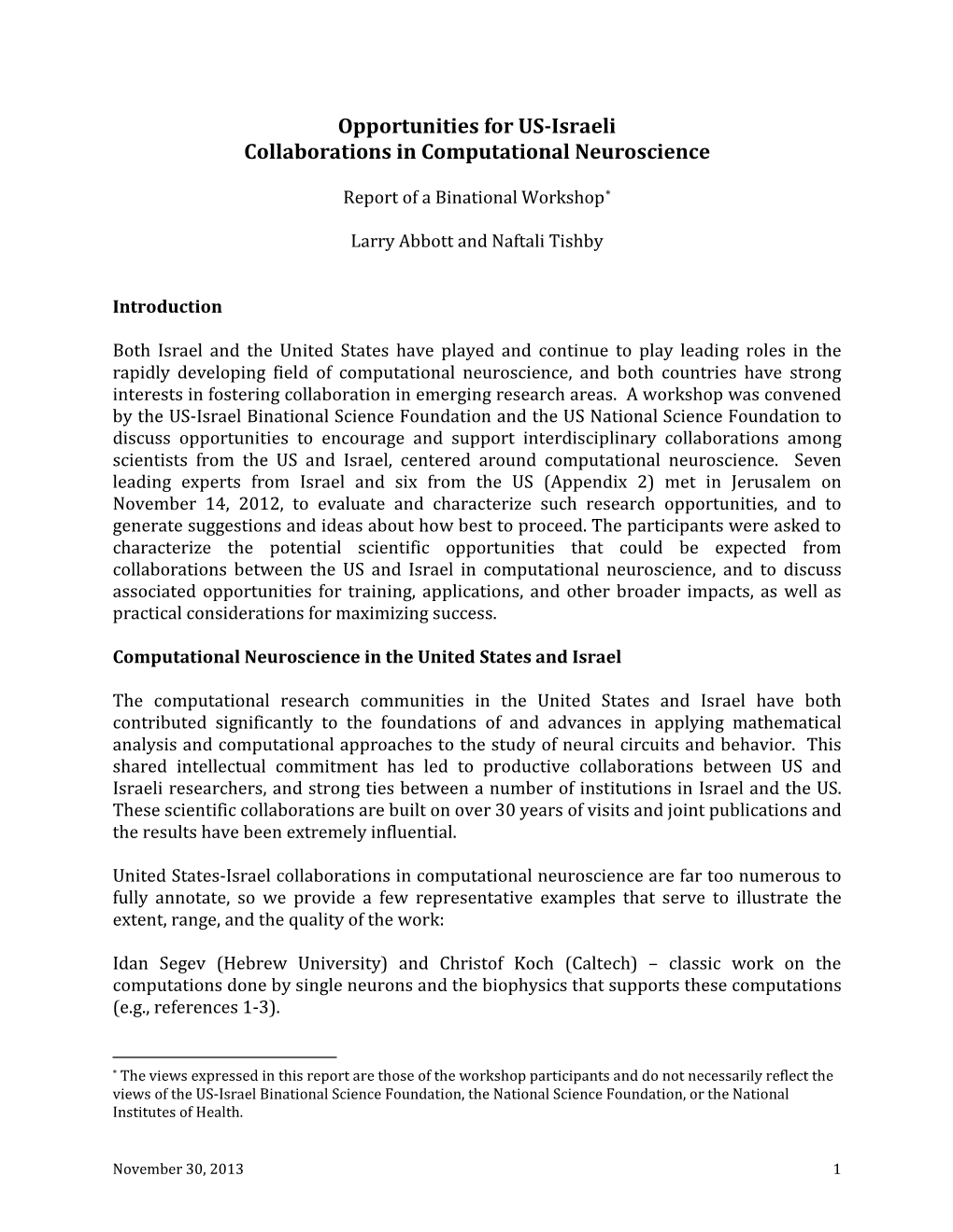 Opportunities for US-Israeli Collaborations in Computational Neuroscience