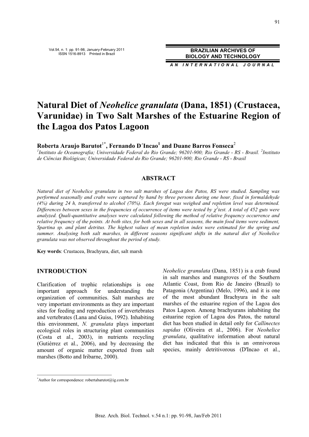 Natural Diet of Neohelice Granulata (Dana, 1851) (Crustacea, Varunidae) in Two Salt Marshes of the Estuarine Region of the Lagoa Dos Patos Lagoon
