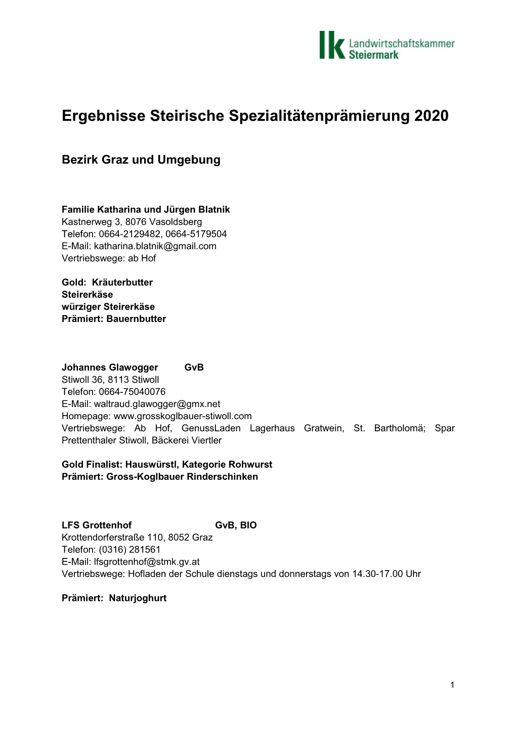 Ergebnisse Steirische Spezialitätenprämierung 2020