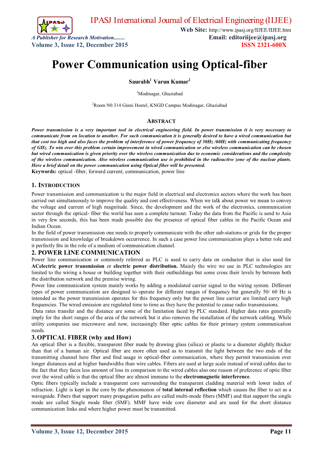 Power Communication Using Optical-Fiber