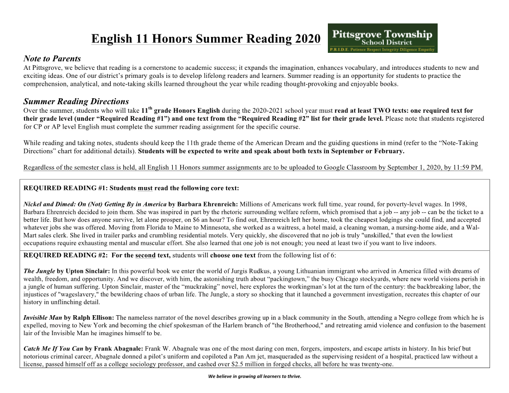 English 11 Honors Summer Reading 2020