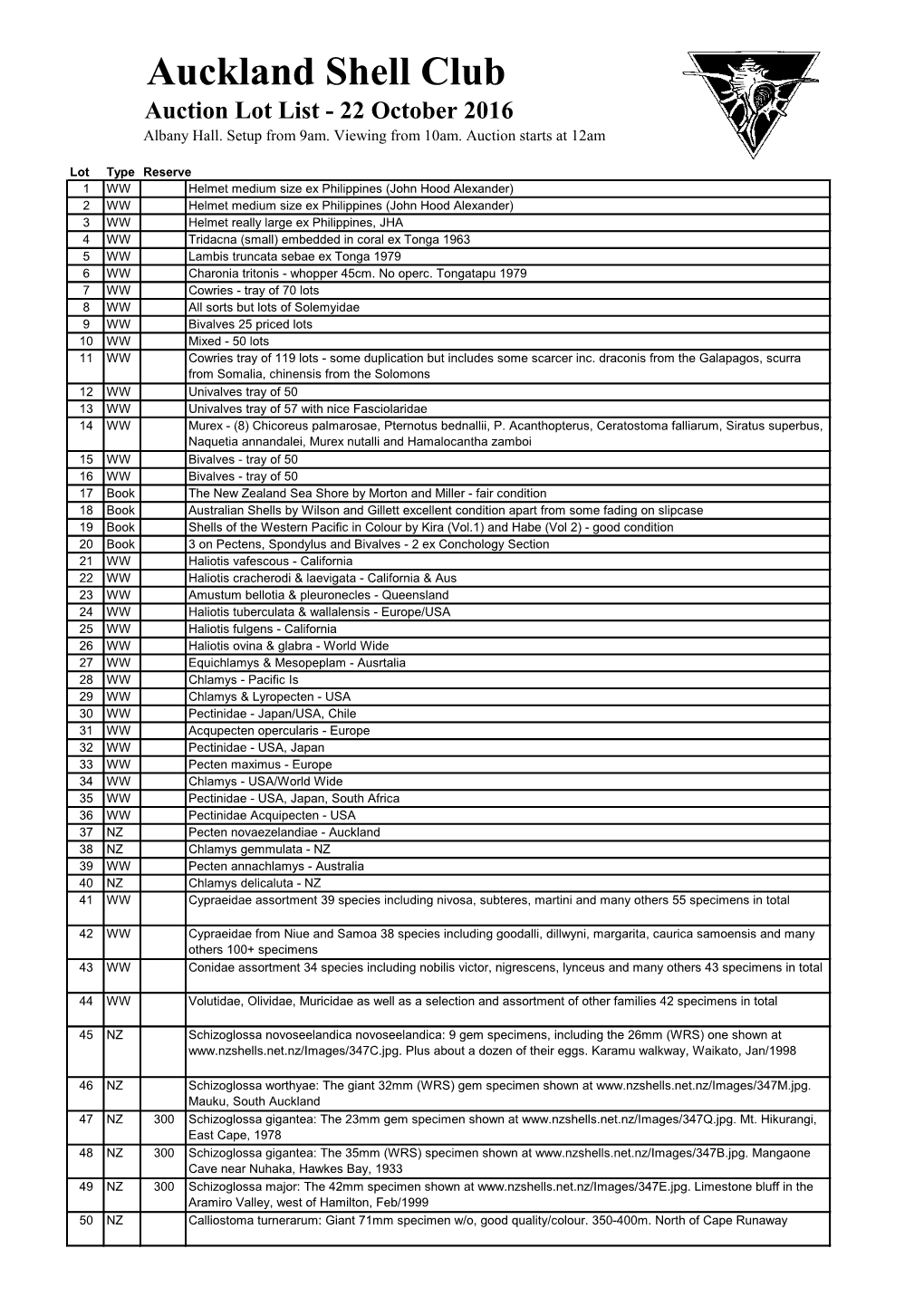 Auckland Shell Club Auction Lot List - 22 October 2016 Albany Hall