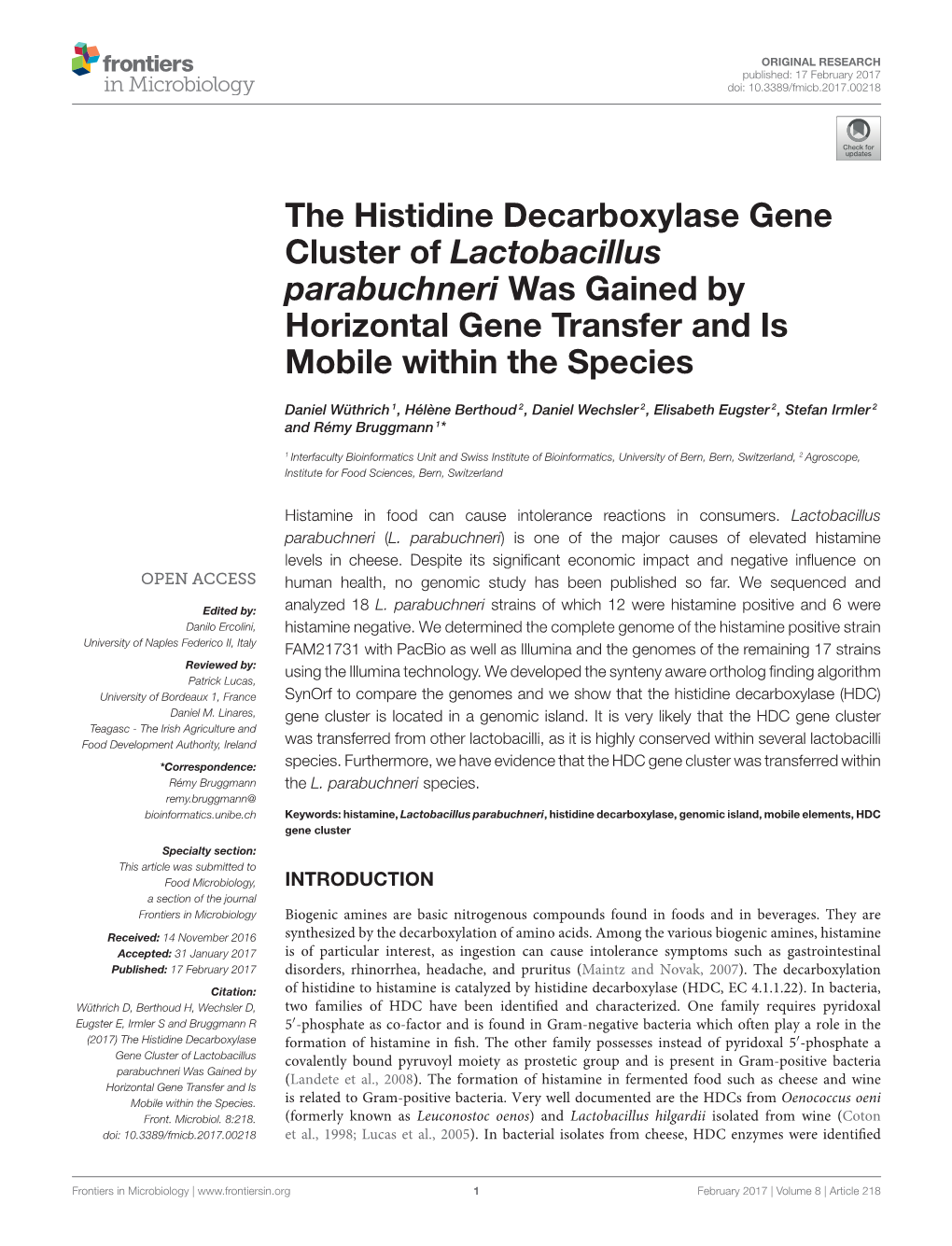 The Histidine Decarboxylase Gene Cluster of Lactobacillus Parabuchneri Was Gained by Horizontal Gene Transfer and Is Mobile Within the Species
