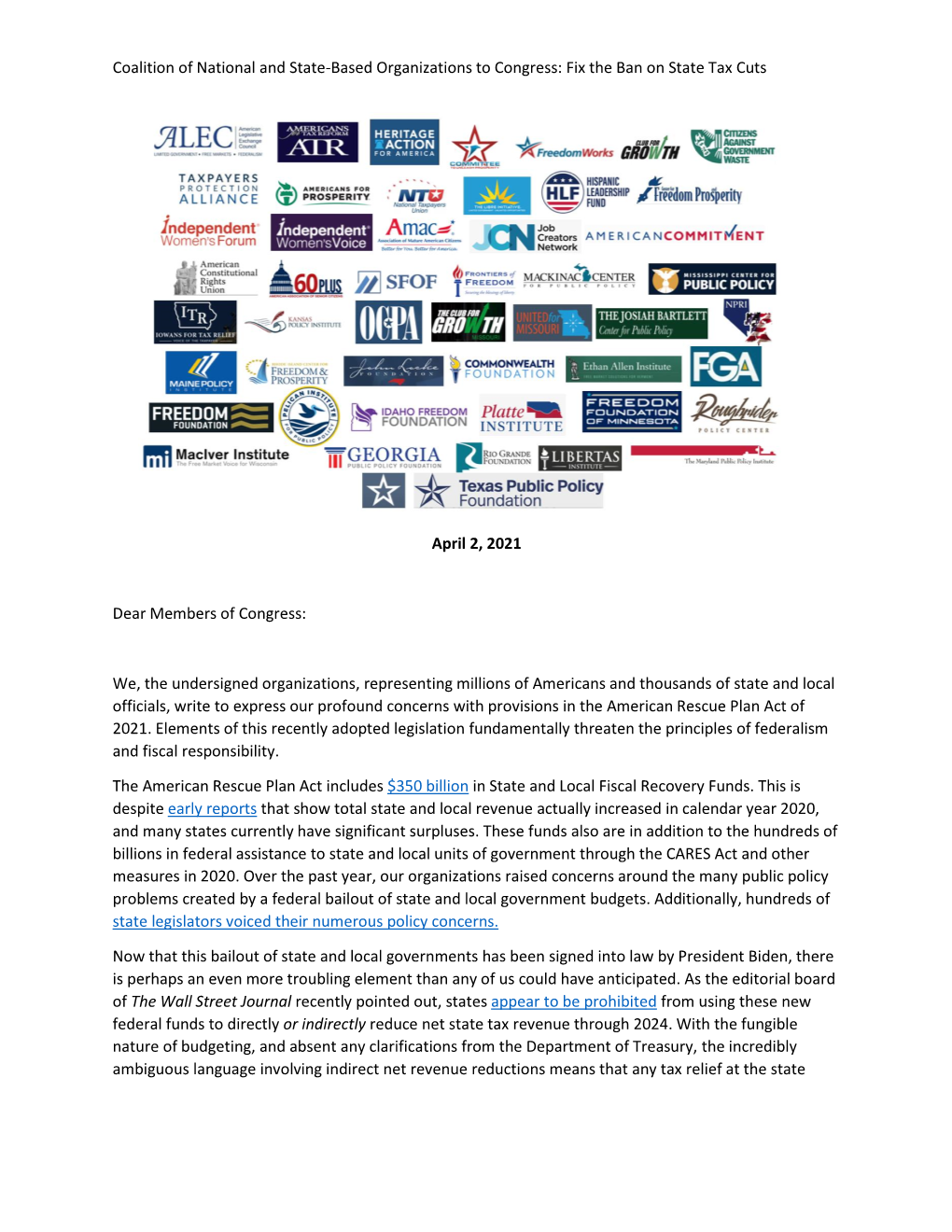 Coalition of National and State-Based Organizations to Congress: Fix the Ban on State Tax Cuts