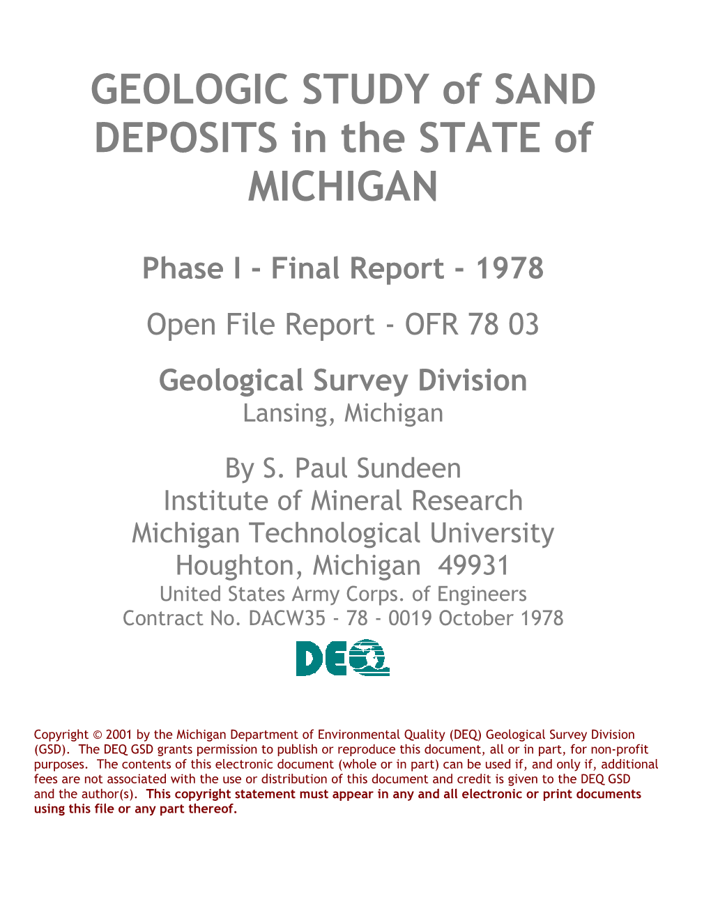 GEOLOGIC STUDY of SAND DEPOSITS in the STATE of MICHIGAN