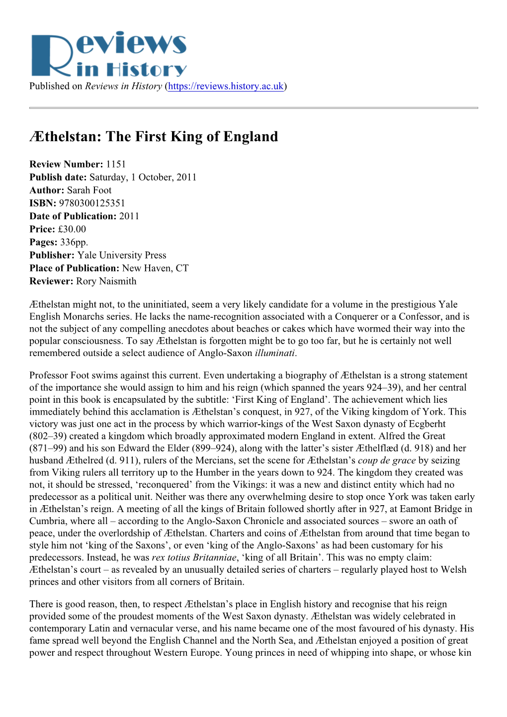 Æthelstan: the First King of England