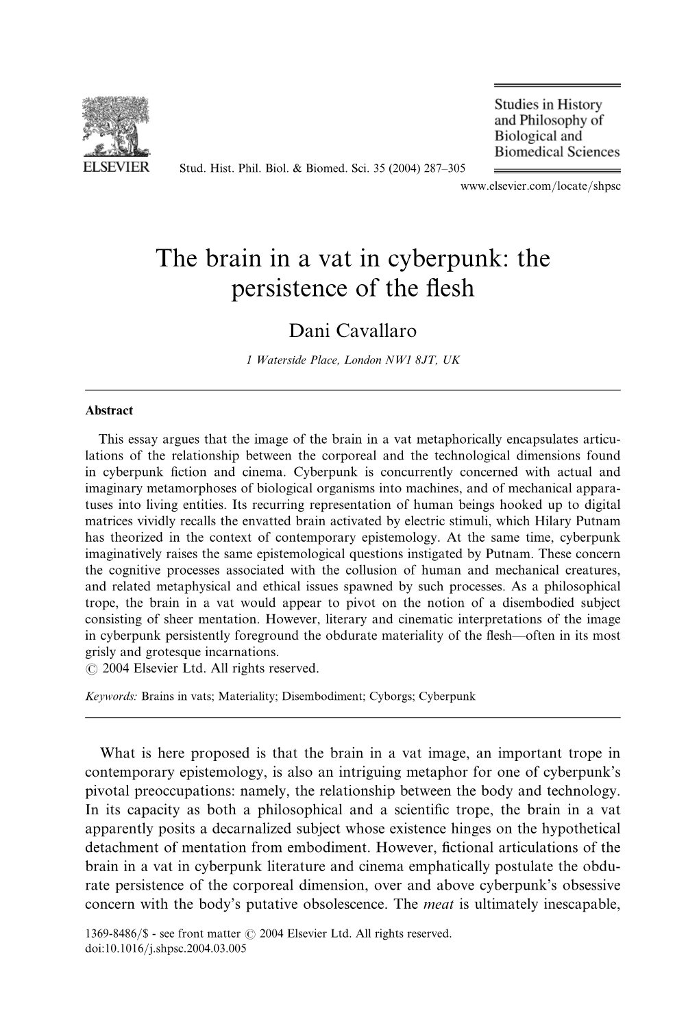 The Brain in a Vat in Cyberpunk: the Persistence of the Flesh