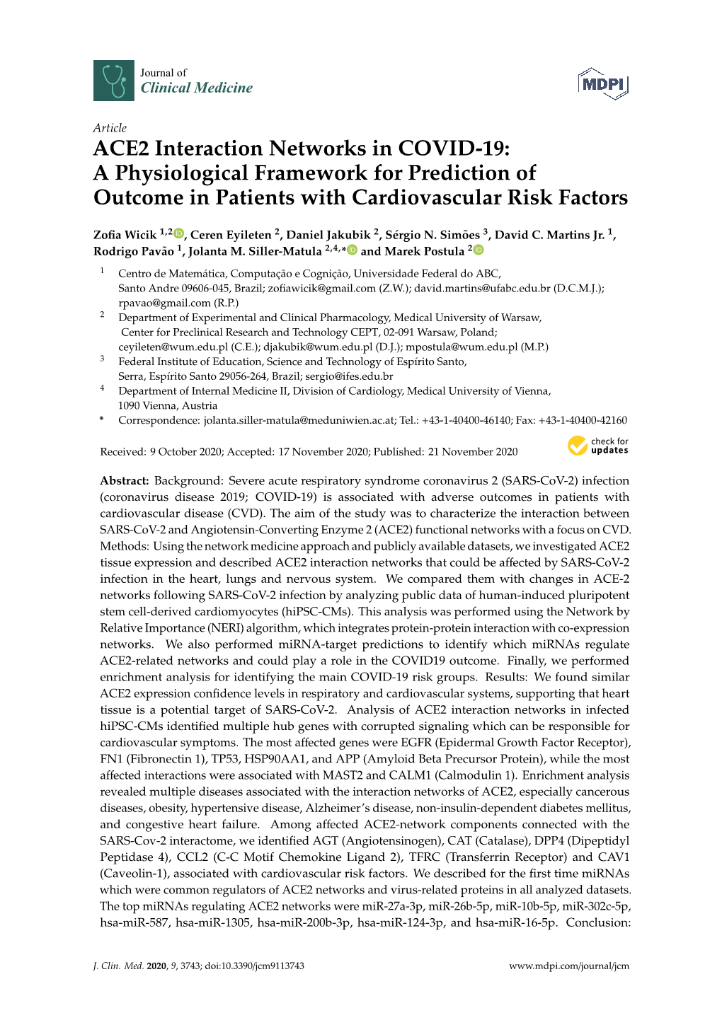 ACE2 Interaction Networks in COVID-19: a Physiological Framework for Prediction of Outcome in Patients with Cardiovascular Risk Factors