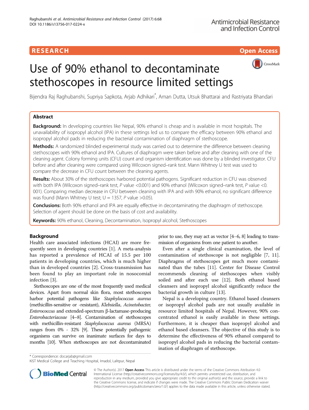 Use of 90% Ethanol to Decontaminate Stethoscopes in Resource Limited