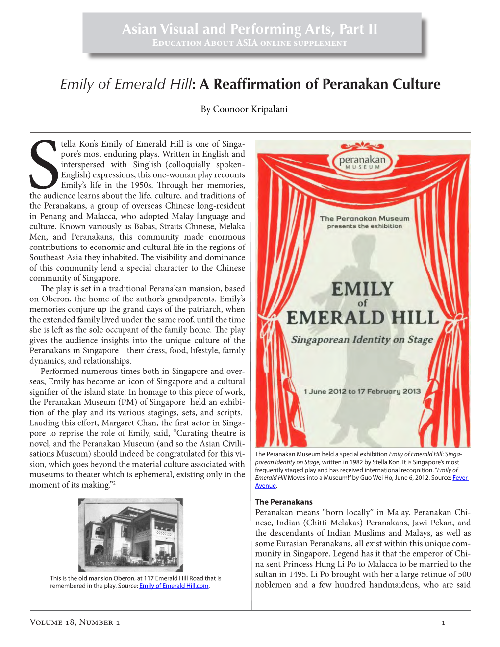 Emily of Emerald Hill: a Reaffirmation of Peranakan Culture