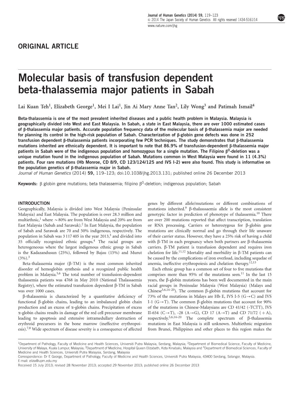 Molecular Basis of Transfusion Dependent Beta-Thalassemia Major Patients in Sabah