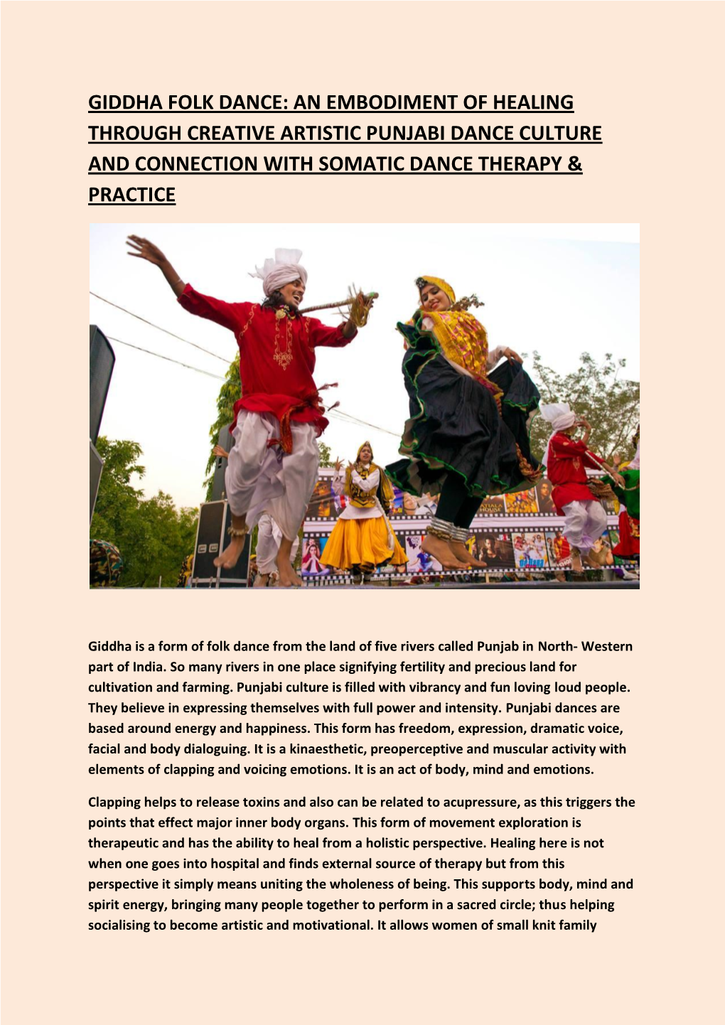Giddha Folk Dance: an Embodiment of Healing Through Creative Artistic Punjabi Dance Culture and Connection with Somatic Dance Therapy & Practice
